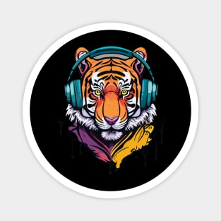 t-shirt design, colorful tiger with headphones on, graffiti art Magnet